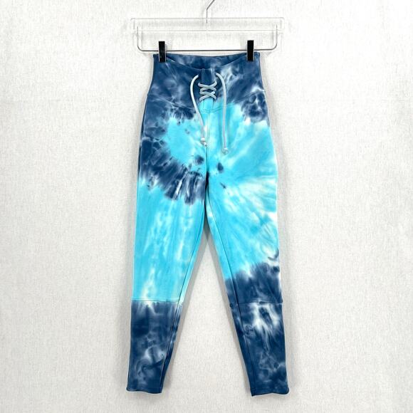 CHASER Workout Cropped Leggings Womens XS Blue Tie Dye Wave Lace up NEW - Picture 4 of 14